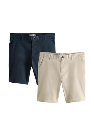 One pair of navy blue shorts and one pair of beige shorts, both with belt loops, front pockets, and button closures.