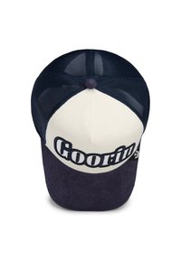 Navy and cream cap with a curved visor, featuring a textured lower panel and embroidered "Goorin" logo on the front. Mesh back panels.