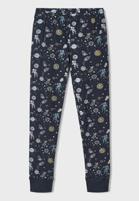 Marineblaue Schlafanzughose mit einem durchgehenden Weltraum-Motiv, einschließlich Planeten, Raketen und Astronauten in verschiedenen Farben. Elastischer Bund und Bündchen.