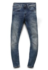 Skinny jeans made of blue denim, featuring a faded wash, front and back pockets, and distinctive angled seams on the front legs.