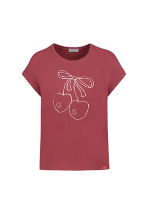 Kurzärmeliges, staubrosafarbenes T-Shirt mit umgeschlagenen Ärmeln und weißer Kontur von zwei Kirschen, die vorne mit einer Schleife verbunden sind.