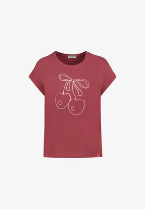 Kurzärmeliges, staubrosafarbenes T-Shirt mit umgeschlagenen Ärmeln und weißer Kontur von zwei Kirschen, die vorne mit einer Schleife verbunden sind.