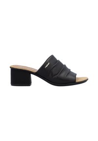 Black leather open-toe slide sandals with a pleated design, featuring a low block heel and a tan insole. Rieker branding visible.