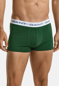 Tutto in cotone verde con un elastico bianco che presenta il logo blu "GANT". Tessuto morbido, design aderente e lunghezza fino alla coscia.