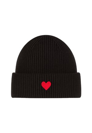 Black ribbed knit beanie with folded cuff featuring a small red heart embroidered on the front center.