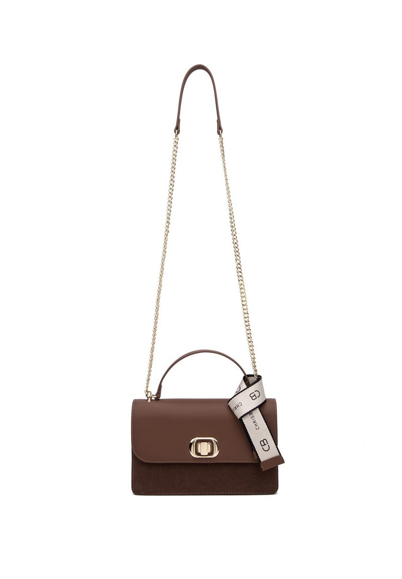 Borsa a tracolla in pelle marrone con base in suede, hardware dorato e tracolla a catena. Presenta un manico e un nastro decorativo con il marchio.