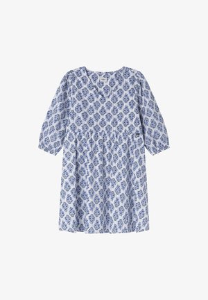 Blauw-witte jurk met bloemmotief, V-hals, driekwart mouwen en een taille met plooien. Lichtgewicht stof, knielang model.