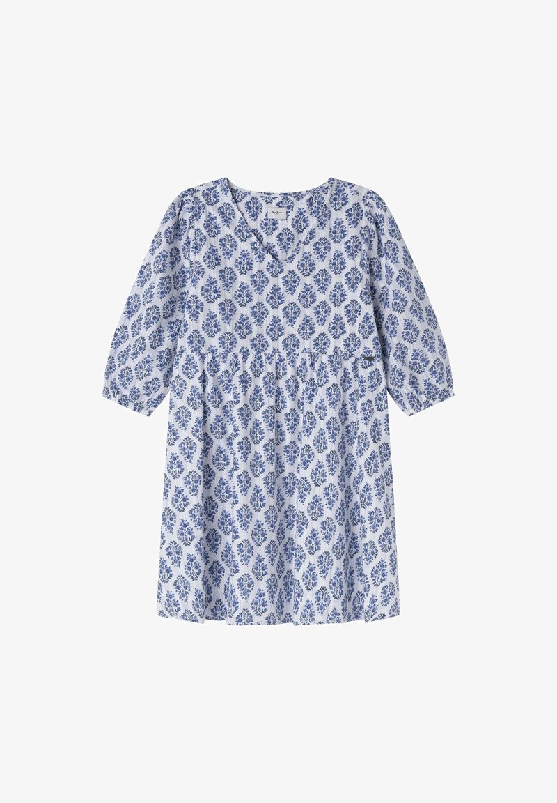 Jurk met bloemmotief in wit en blauw, met een V-halslijn en driekwart mouwen, eenGathered taille en een lengte tot de knie.