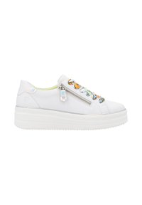 Sneakers platform bianchi con una finitura liscia, dotate di lacci colorati a fantasia, una cerniera laterale e un accento iridescente sul tallone.