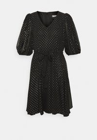 Black dress with a V-neck, puff sleeves, and a tie belt. Features silver dot patterns and a zip closure at the back. Flowy fabric.
