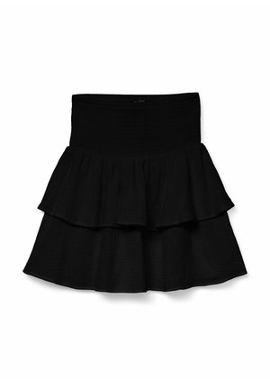 Black tiered skirt with an elastic waistband. Made of soft, textured fabric, featuring two ruffled layers for added volume.