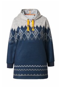 Felpa con cappuccio, design a blocchi di colore grigio e blu navy, con motivo a diamante in crema e grigio chiaro. Presenta lacci gialli e una texture morbida.