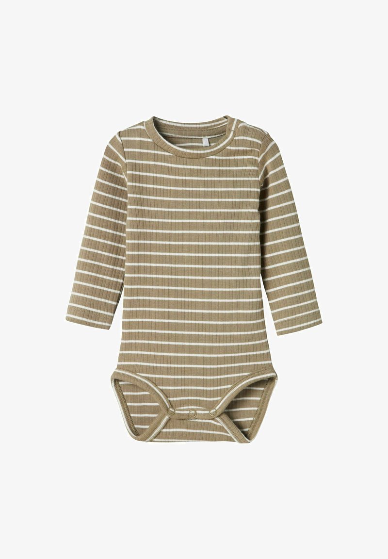 Bodysuit za dojenčke z dolgimi rokavi iz rebraste tkanine, s svetlo rjavim ozadjem in belimi vodoravnimi črtami, z zapiranjem na gumbih na dnu.