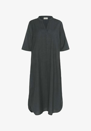 Dark grey linen tunic dress with a mandarin collar, short sleeves, and side slits for comfort and ease of movement. Simple, loose fit design.