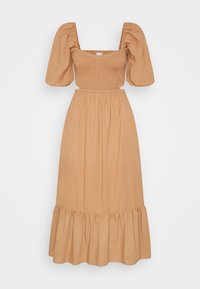Světle hnědé midi šaty s nabíranými krátkými rukávy, smockovaným čtvercovým výstřihem, nabraným pasem a volánkovým lemem.