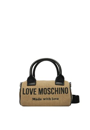 Pieni suorakaiteen muotoinen beige kudottu käsilaukku mustilla kahvoilla ja edessä teksti "LOVE MOSCHINO Made with love".
