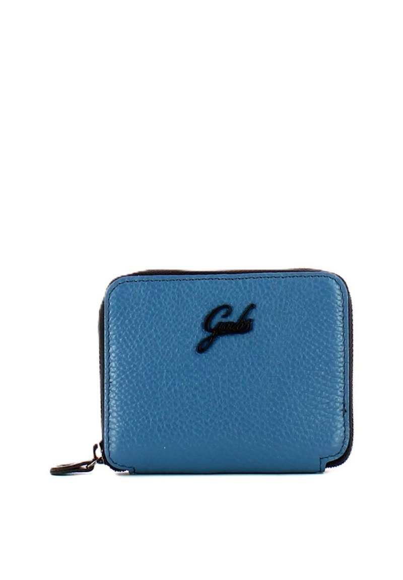 Portafoglio in pelle blu con superficie testurizzata, chiusura con zip e logo nero. Forma rettangolare con bordi cuciti.