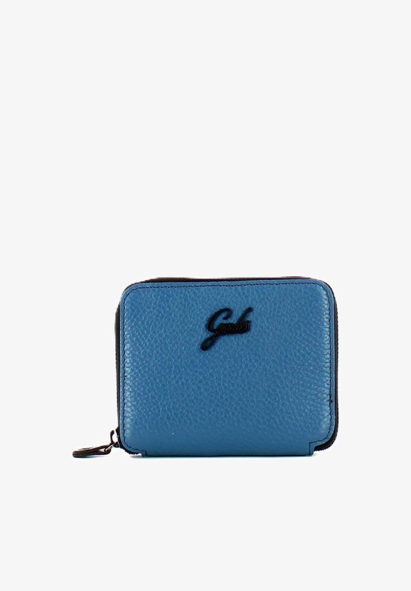 Portafoglio in pelle blu con superficie testurizzata, chiusura con zip e logo nero. Forma rettangolare con bordi cuciti.