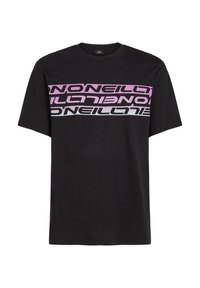 Black cotton t-shirt with short sleeves featuring a graphic design of the word "O'Neill" in pink and white horizontal stripes across the chest.
