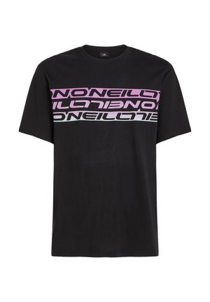 Black cotton t-shirt with short sleeves featuring a graphic design of the word "O'Neill" in pink and white horizontal stripes across the chest.