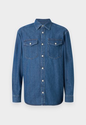 Denim overhemden met knopen in donkerblauw met een puntkraag, twee borstzakken en knoopsluiting. Heeft lange mouwen en een reguliere pasvorm.