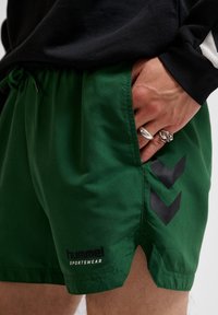 Gröna shorts i glattyg, med en svart logotyp och chevron-detaljer på sidan. Dragsko i midjan och sidoflikar för rörelse.