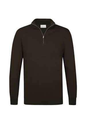 Maglione marrone scuro a maniche lunghe con cerniera al quarto e collo alto, polsini e orlo a coste, mostrato su sfondo bianco.