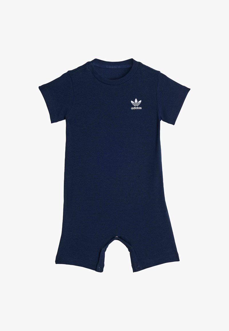 Krátky rukáv tmavomodrého dojčenského body vyrobeného z rebrovanej tkaniny, s bielym logom Adidas na hrudi a patentkami na spodnej časti.