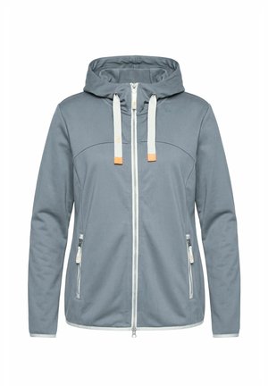 Hellgrauer Kapuzenpullover zum Reißverschluss mit Kordelzug, zwei seitlichen Reißverschlusstaschen und langen Ärmeln, dargestellt vor weißem Hintergrund.