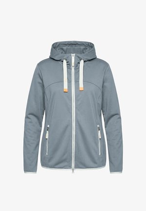 Světle šedá mikina s kapucí na zip, se stahovací šňůrkami, dvěma kapsami na zip po stranách a dlouhými rukávy, zobrazena na bílém pozadí.