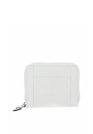 Portefeuille compact en cuir blanc avec zip tout autour, coutures visibles et poche extérieure sur le devant.