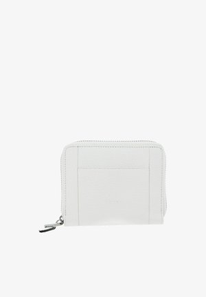 Portefeuille compact en cuir blanc avec zip tout autour, coutures visibles et poche extérieure sur le devant.