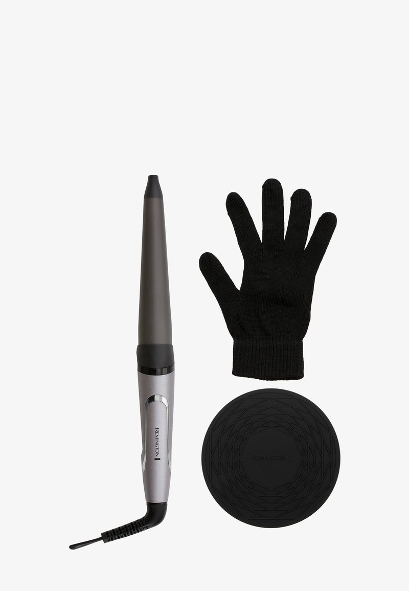 Krulijzer met een taps toelopende cilinder, zilveren handvat, zwart siliconen hittebestendige handschoen en een ronde zwarte basis met een gestructureerd ontwerp.