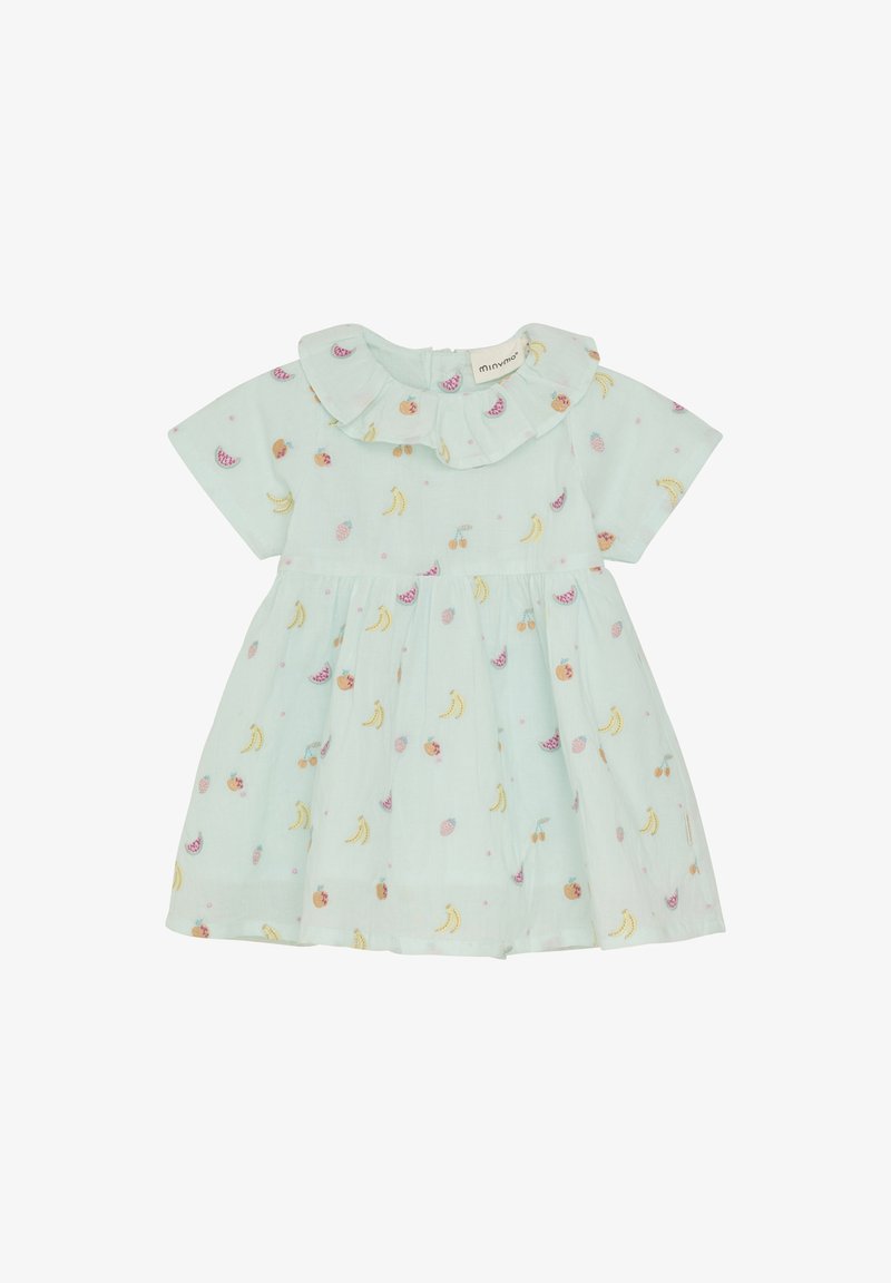 Lyseblå kjole med korte ærmer, flæset krave og frugtmønstre. Lavet af blødt stof, med en udvidet nederdel og knaplukning bagpå.