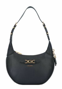 Borsa a spalla in pelle nera con forma curvata, hardware dorato e un logo ben visibile sulla parte anteriore. Presenta una chiusura con zip.