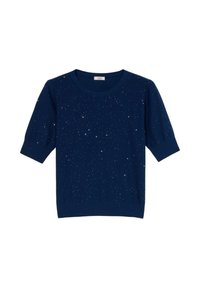 Maglione blu navy a maniche corte con scollo rotondo, caratterizzato da un motivo di piccole scintille d'argento a forma di stella sparse.