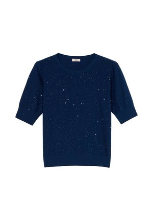 Pull bleu marine à manches courtes avec col rond, arborant un motif éparpillé de petites étincelles argentées en forme d'étoiles.