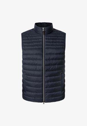 Marineblauwe puffer vest met verticale gestikte structuur, staande kraag, ritsluiting aan de voorkant en twee zijzakken. Lichtgewicht, geïsoleerd ontwerp.