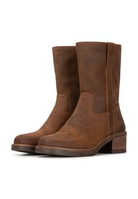 Brown suede ankle boots with a rounded toe, contrasted stitching, and a stacked wooden heel. Straight shaft with side panels for fit.