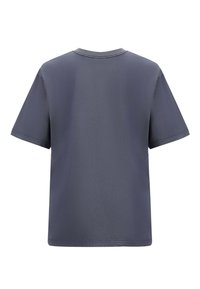 T-paita lyhyillä hihoilla, pyöreällä kaula-aukolla, tummanharmaana, sileä pintastruktuuri, rento istuvuus, siistit saumat ilman näkyviä logoja tai kuvioita. Näkymä takaa.
