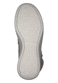Semelle en caoutchouc blanc de sneaker avec un motif texturé, le logo "Skechers", des accents légèrement surélevés et des bords arrondis.