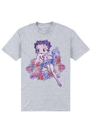 Szara bawełniana koszulka z rysunkowym bohaterem otoczonym różami, z fioletowym banerem wyświetlającym napis "Hoffie."
