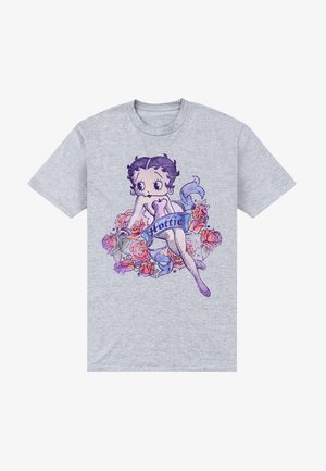 Szara bawełniana koszulka z rysunkowym bohaterem otoczonym różami, z fioletowym banerem wyświetlającym napis "Hoffie."