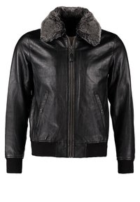 Veste en cuir noire avec fermeture éclair à l'avant, deux poches latérales, poignets et bas en maille côtelée, et un col en fausse fourrure gris foncé.