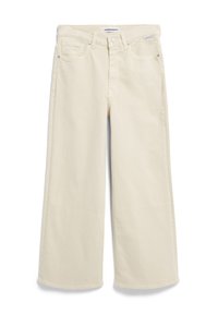 Crème-kleurige brede jeans gemaakt van denim, met knoopsluiting, vijf zakken en subtiele stiksels.