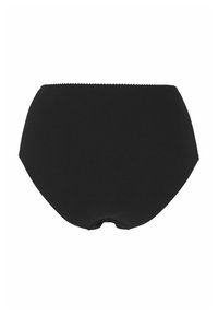 Svart högmidjad underkläder med en slät yta, elastisk midjeband och vågig kant vid övre kanten. Inga ytterligare mönster eller metalldelar.