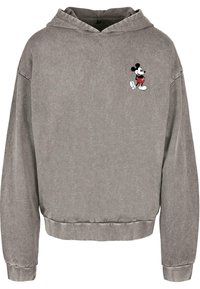 Gray hoodie made of soft fabric, featuring a cropped design, a kangaroo pocket, and a small embroidered Mickey Mouse logo on the chest.
