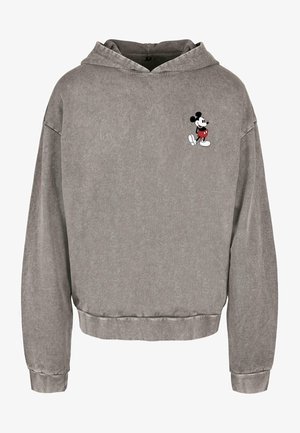 Harmaa huppari, joka on valmistettu pehmeästä kankaasta, jossa on lyhennetty malli, kengurutasku ja pieni brodeerattu Mikki Hiiri -logo rinnassa.