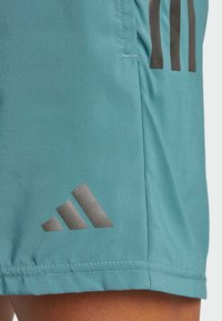 Teal treningshorts laget av glatt stoff, med en grå tre-stripe logo nær sømmen og kontrasterende søm langs kantene.