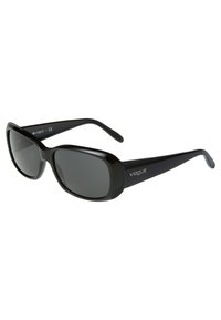 Lunettes de soleil noires en plastique avec des verres rectangulaires et une finition lisse et brillante. Présentent un logo sur la branche. Légères et protectrices.